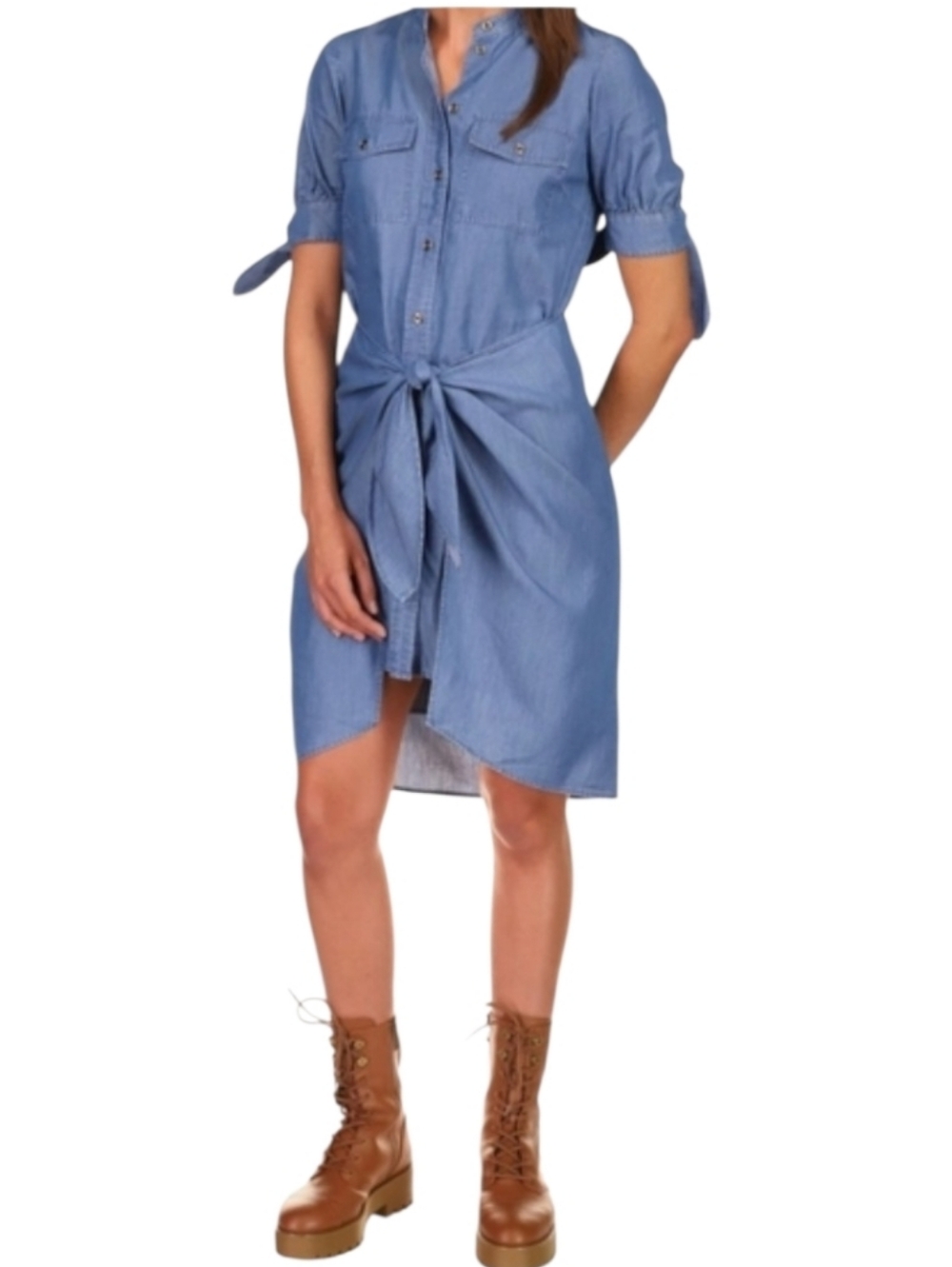 NWT Michael Kors Chambray Denim Tie Front Shirt Dress Blue sz S